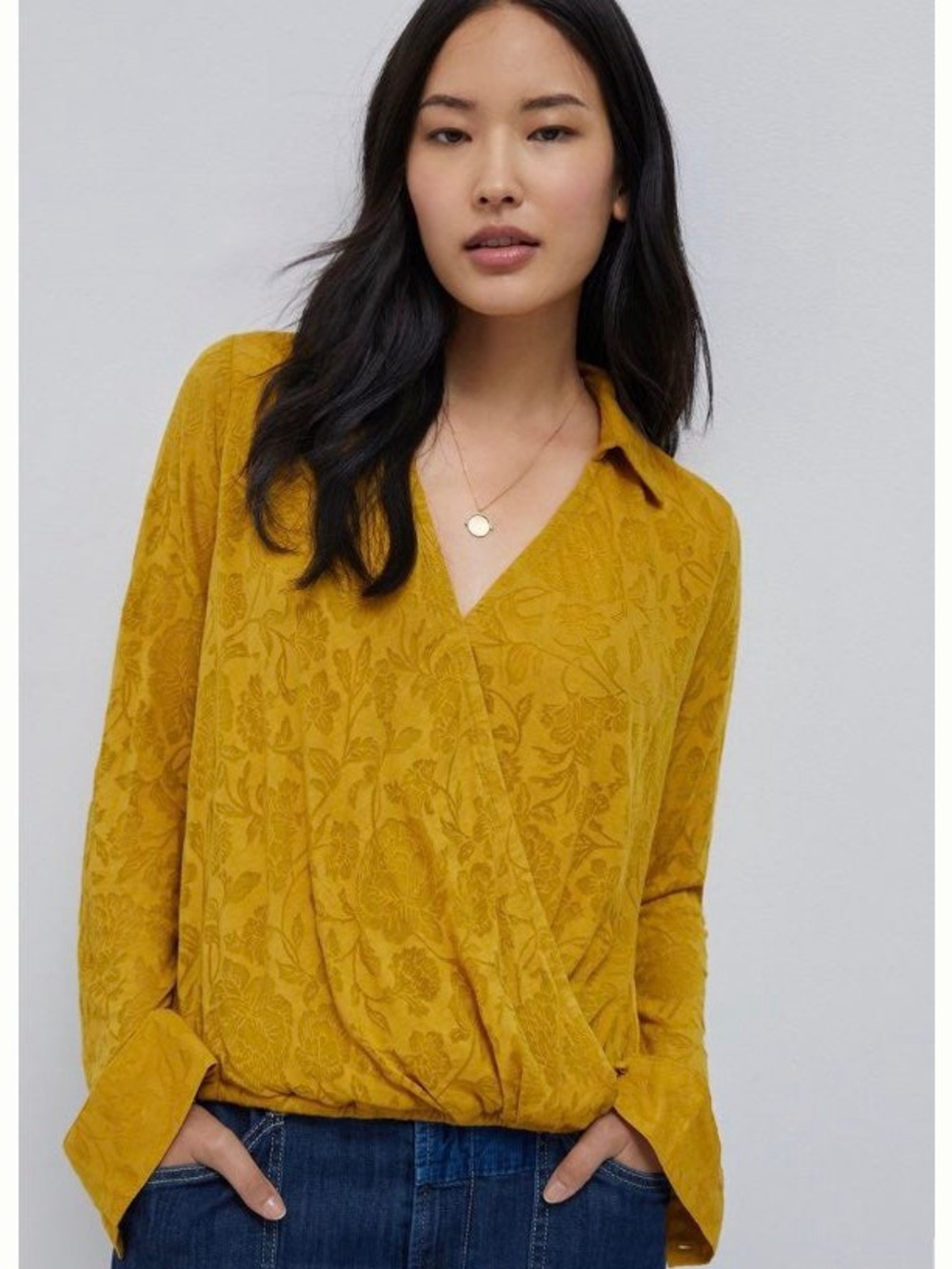 Anthropologie Mustard Floral-Jacquard Wrap Blouse